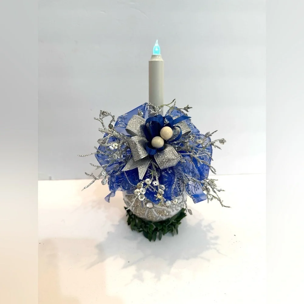 New OOAK Silver and Blue Glitter Bow Candle Christmas Bulb Holiday Decor
